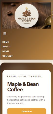 Mobile view of the café site with the hamburger navigation menu open