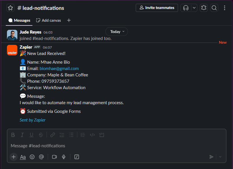 Slack channel notification posted by Zapier alerting the team of a new lead