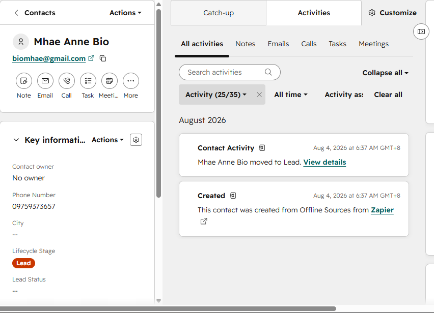 HubSpot CRM contact record automatically created from a form submission