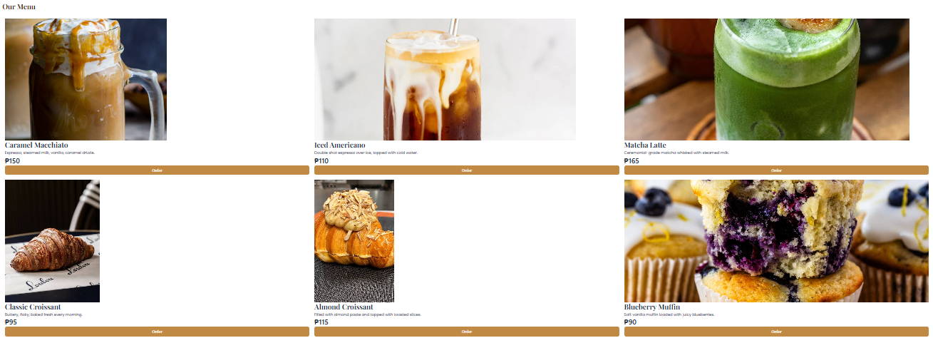 Menu section showing coffee and pastry items with order buttons