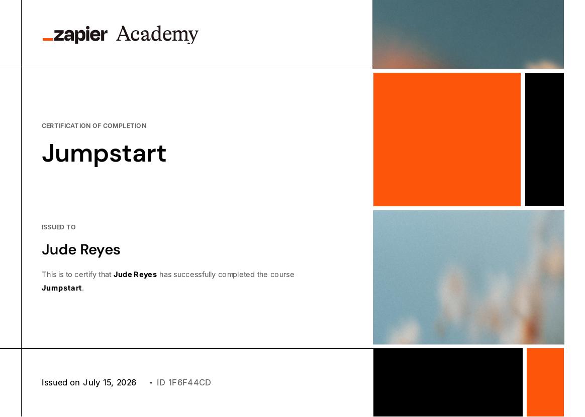 Zapier Jumpstart certificate preview