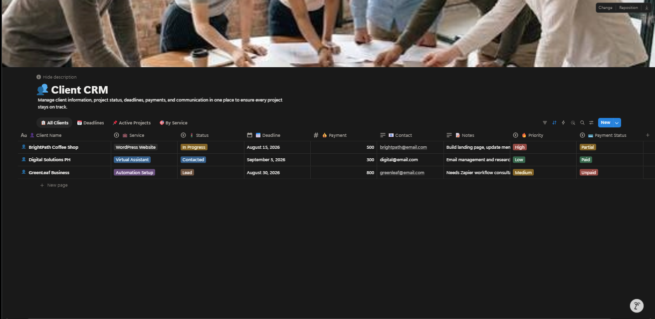 Client CRM database with status, deadlines, payments, and priority
