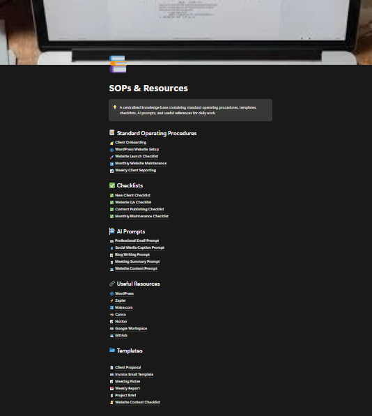 SOPs & Resources hub with procedures, checklists, prompts and templates
