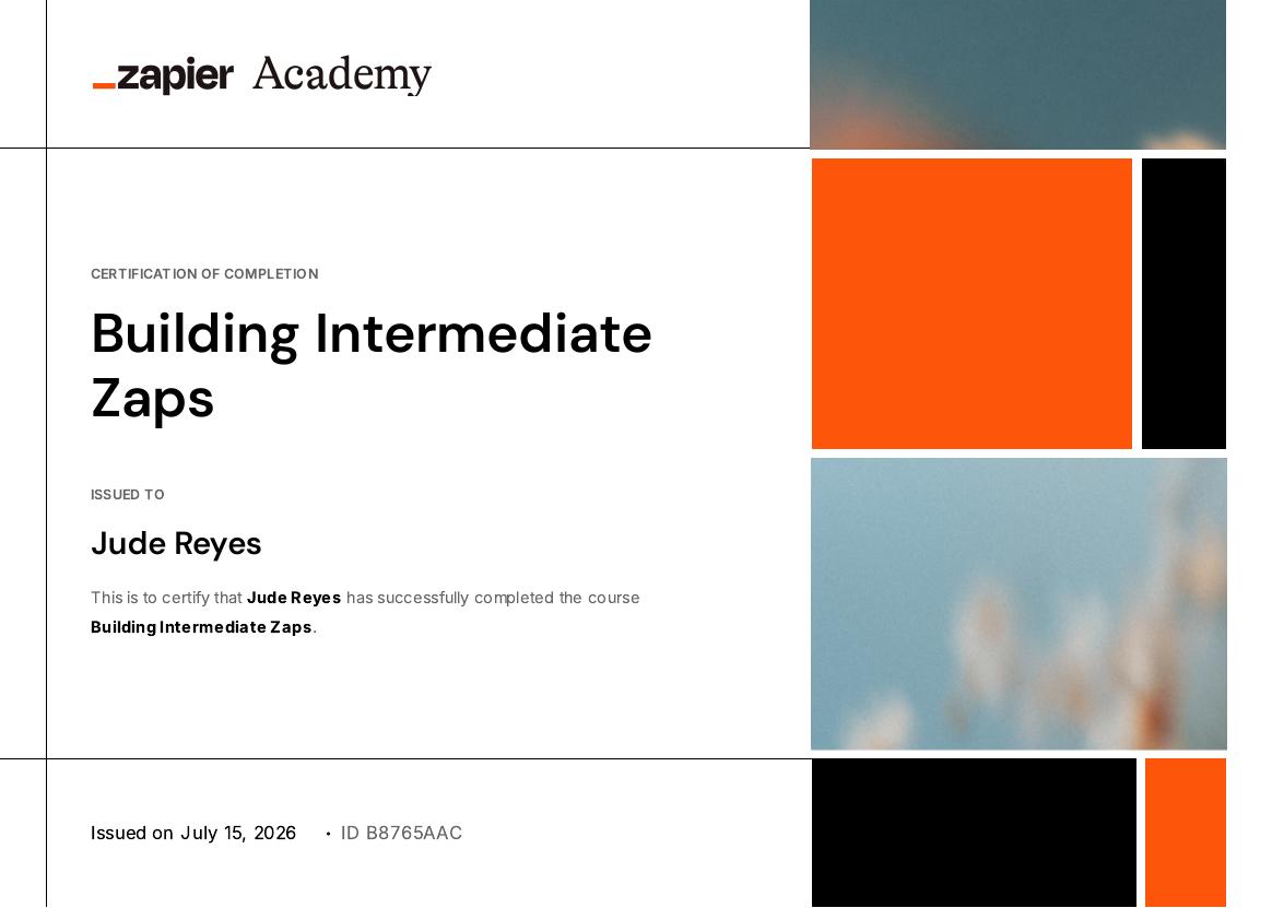Building Intermediate Zaps certificate preview