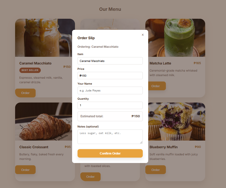 JavaScript order modal with item, price, name, quantity, and notes fields