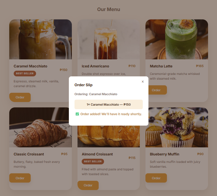 Order slip showing a real-time order confirmation message