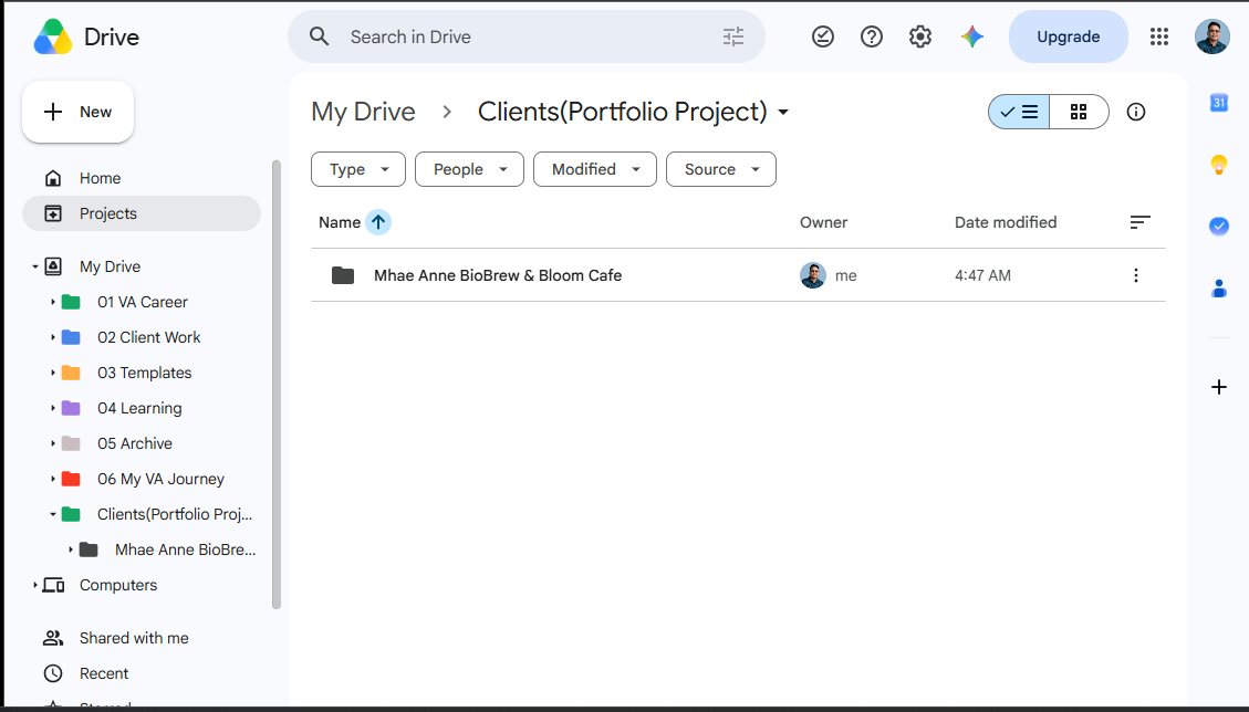 Google Drive client folder generated by the automation