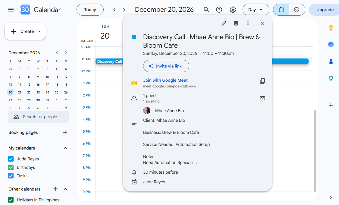 Google Calendar discovery call event with a Google Meet link