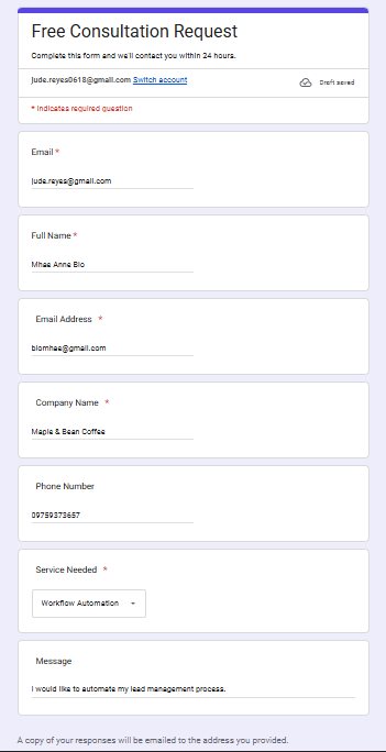 Google Form titled Coffee Shop Inquiry Form with fields for Full Name, Email, Phone, and Message