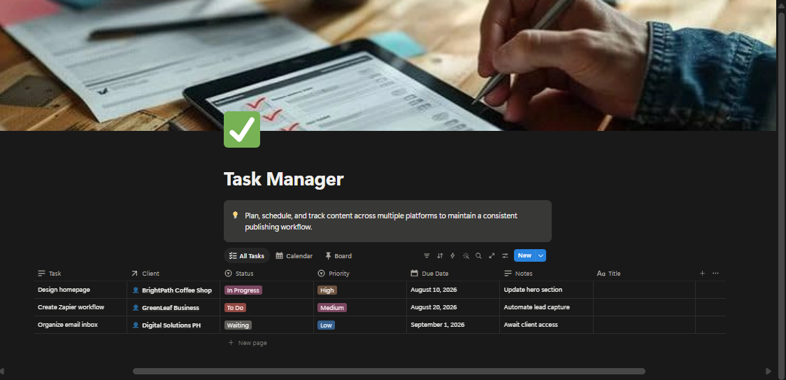 Task Manager table view with client, status, priority and due date
