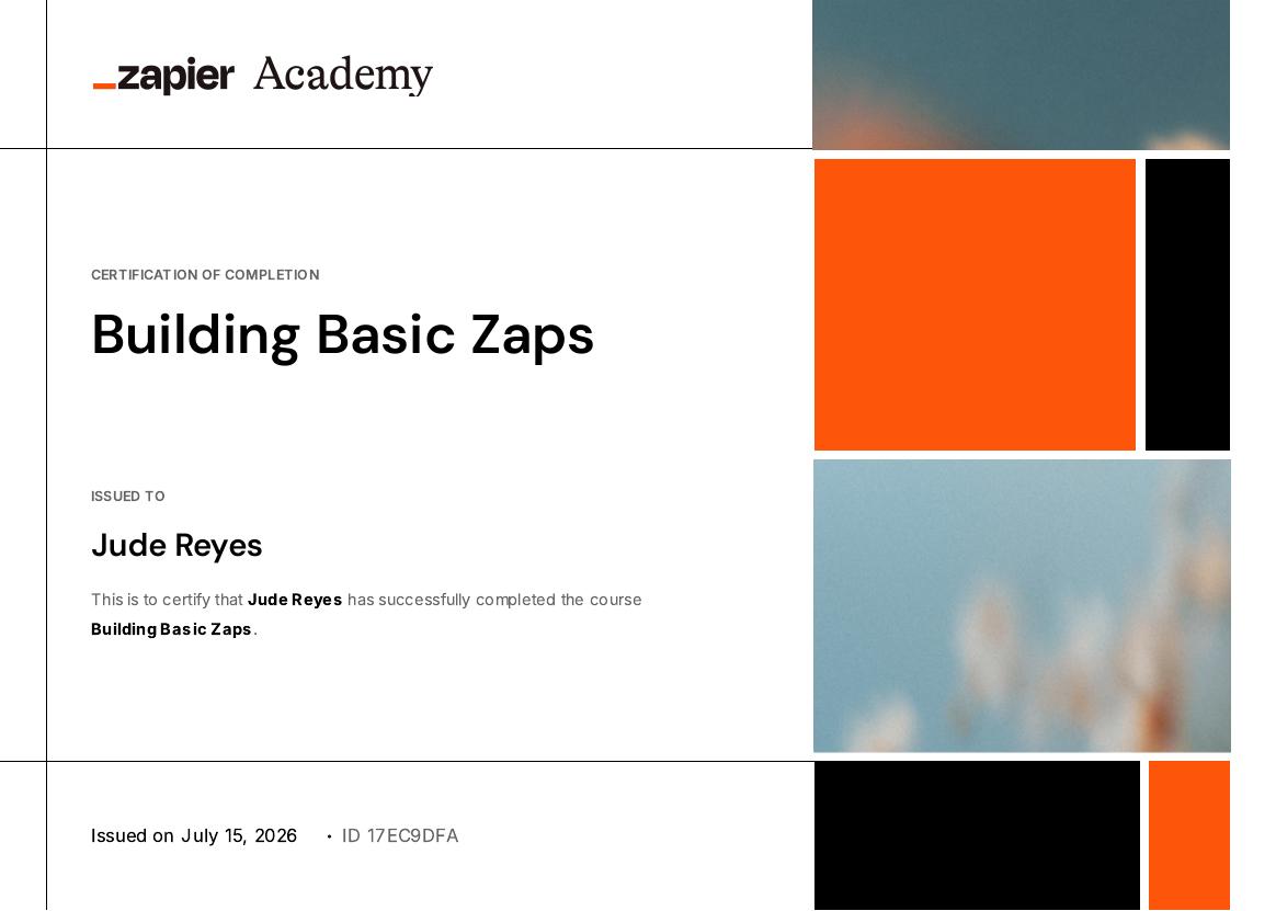 Building Basic Zaps certificate preview