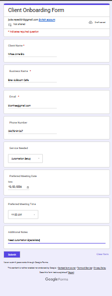 Client onboarding form built with Google Forms