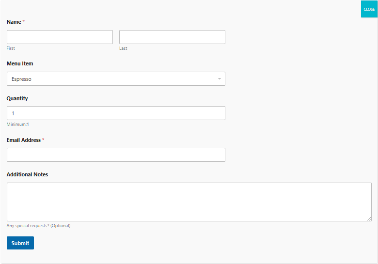 Coffee ordering popup form with WPForms fields