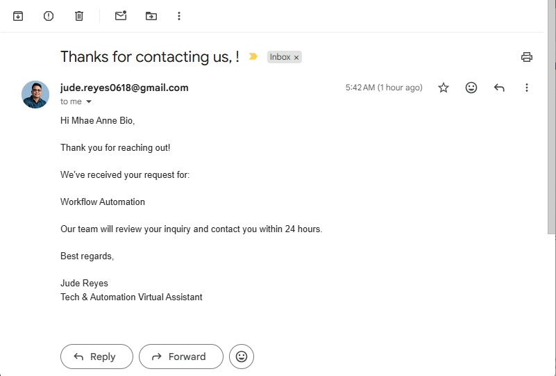 Gmail confirmation email sent automatically to the customer after form submission