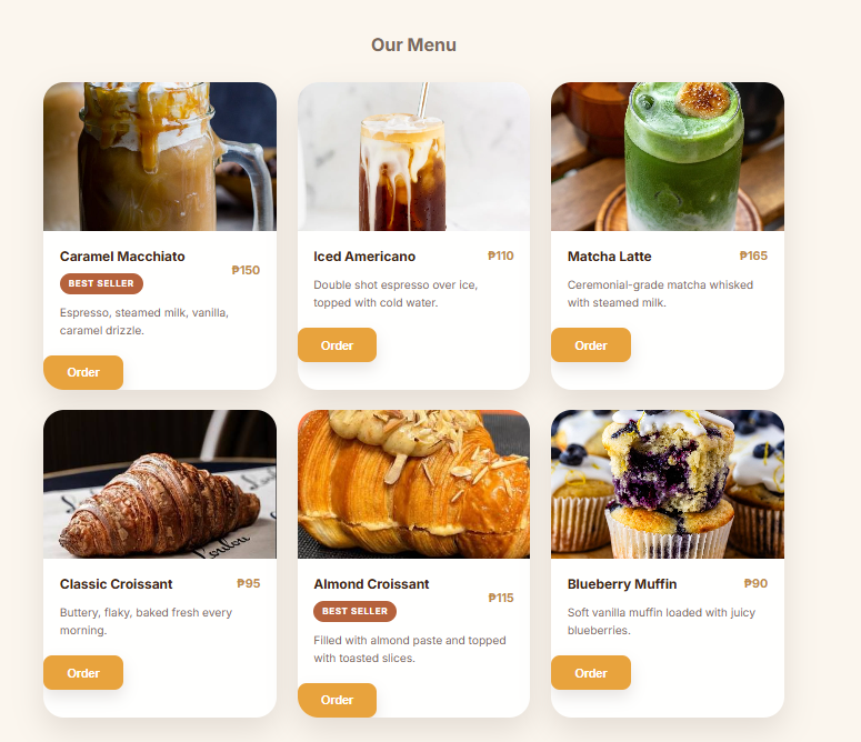 Menu section grid with coffee and pastry cards, prices, and order buttons