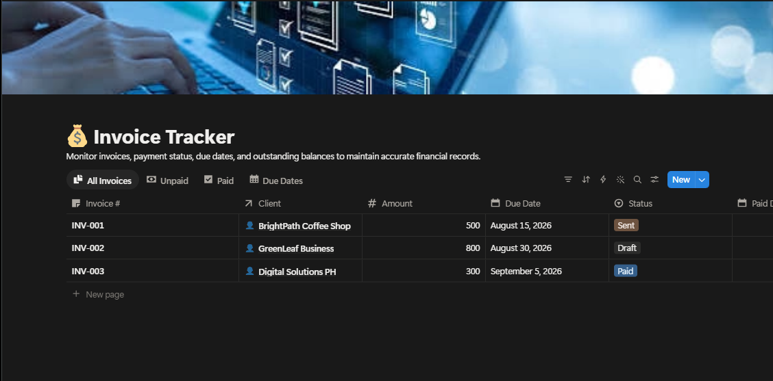 Invoice Tracker with invoice number, client, amount, due date and status